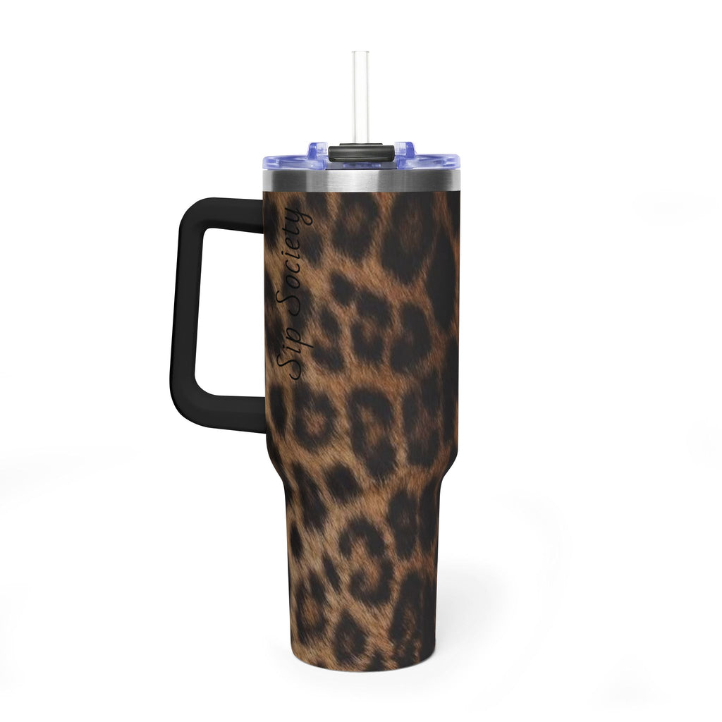 40oz Leopard Print Vacuum Tumbler — Insulated Travel Mug with sip society script