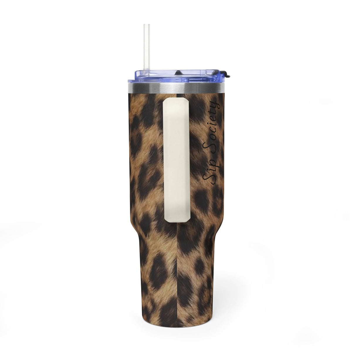 40oz Leopard Print Vacuum Tumbler — Insulated Travel Mug with sip society script