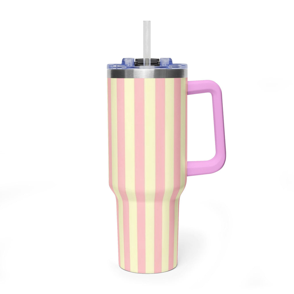 40oz Striped Pastel Travel Tumbler — Pink & Cream Thermal Cup with sip society script