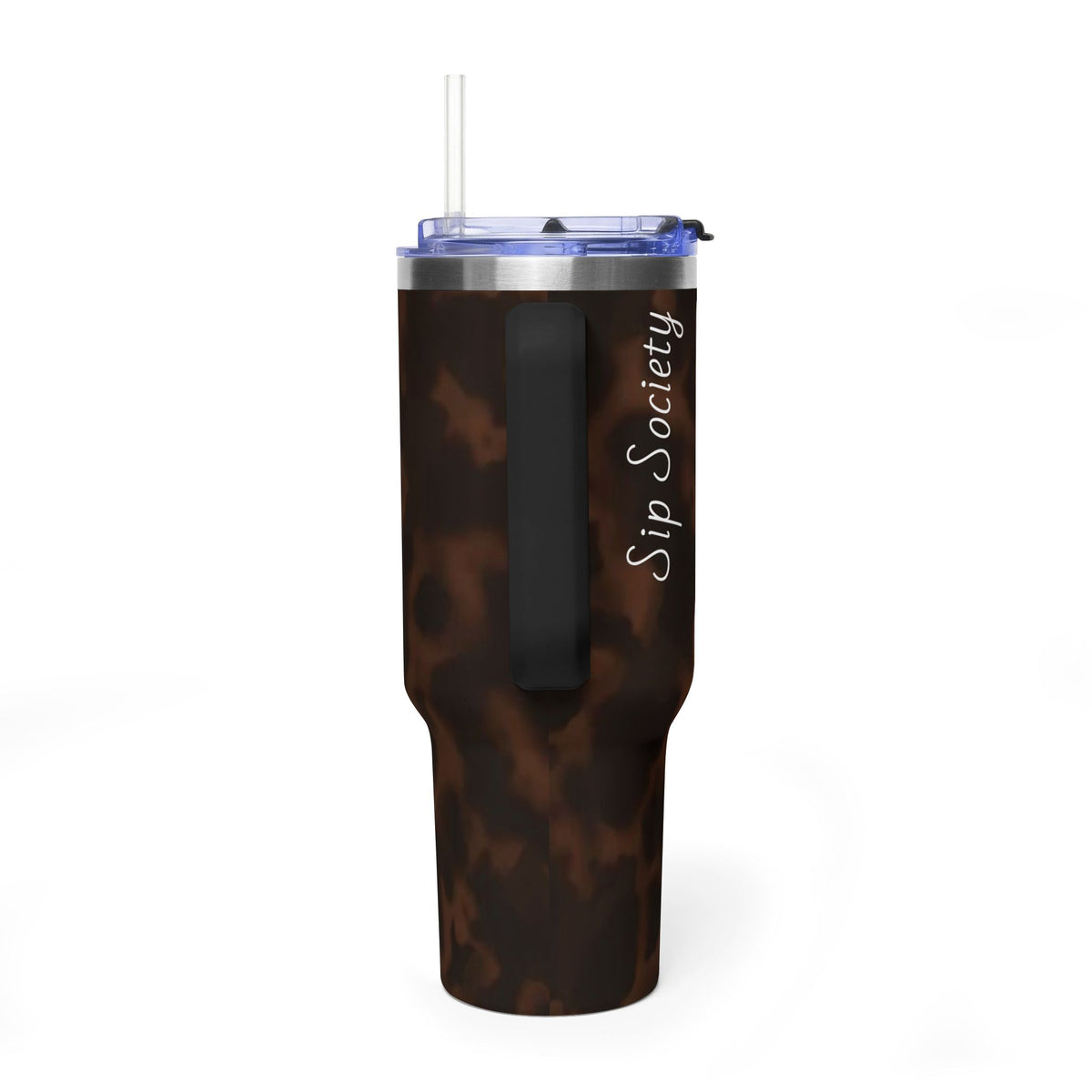 40oz Tumbler - Brown Tortoiseshell Thermal Travel Mug with 'Sip Society' Script