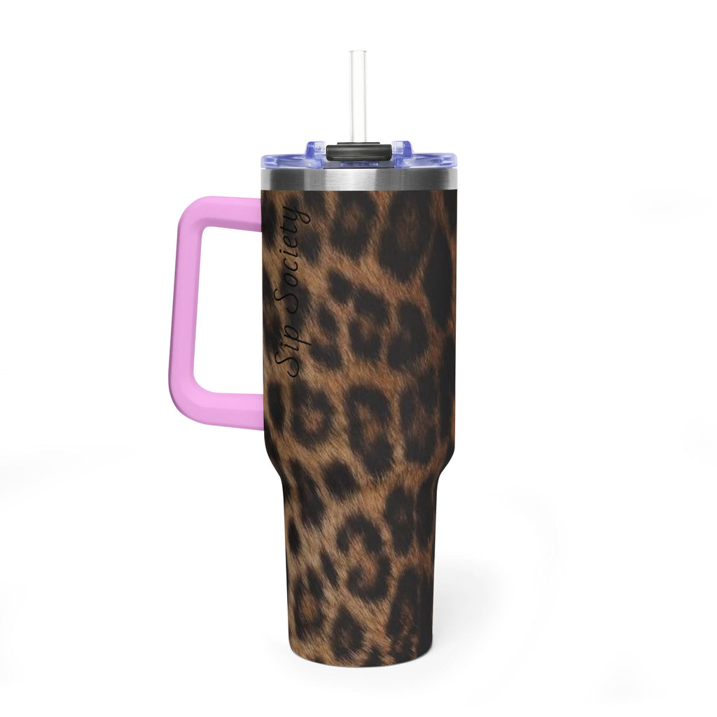 40oz Leopard Print Vacuum Tumbler — Insulated Travel Mug with sip society script