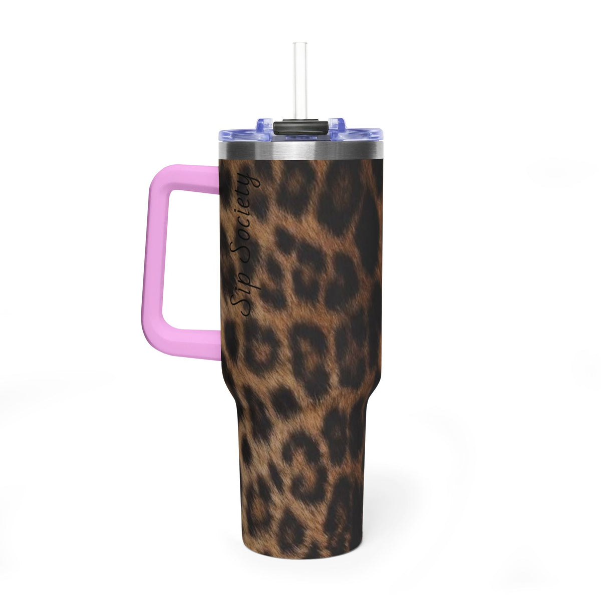 40oz Leopard Print Vacuum Tumbler — Insulated Travel Mug with sip society script