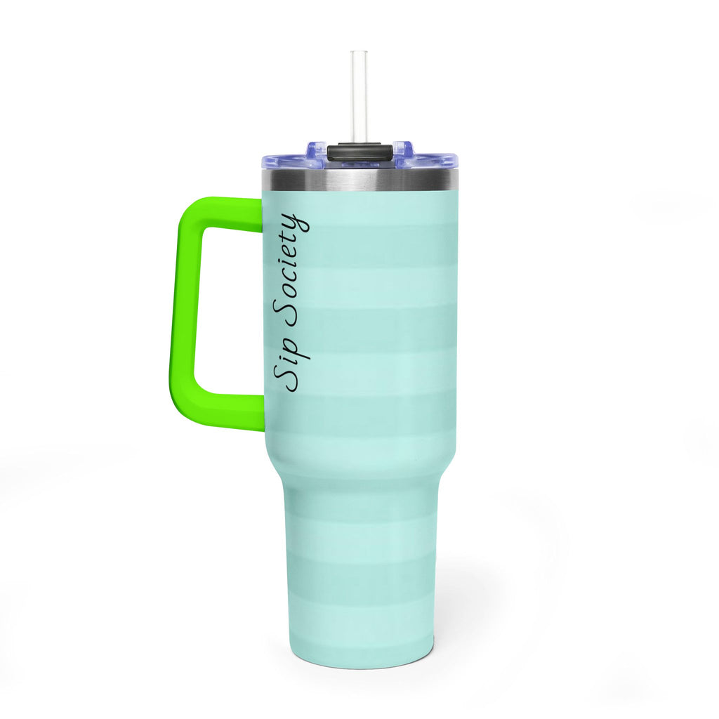 40oz Mint Stripe Vacuum Tumbler — 'Sip Society' Insulated Travel Mug  with sip society script