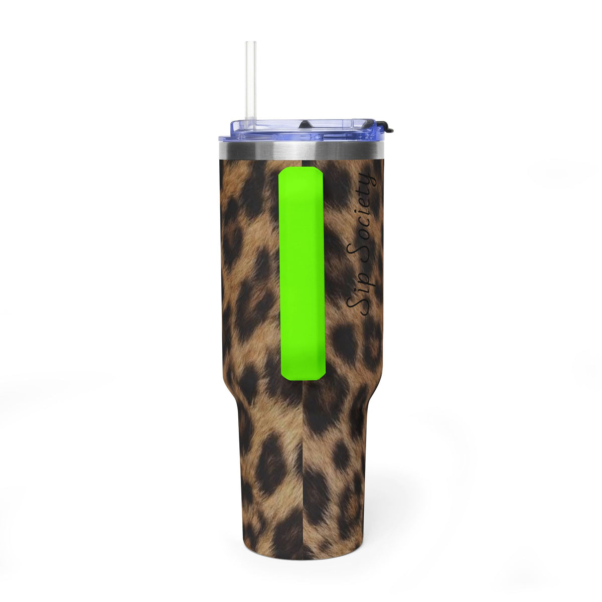 40oz Leopard Print Vacuum Tumbler — Insulated Travel Mug with sip society script