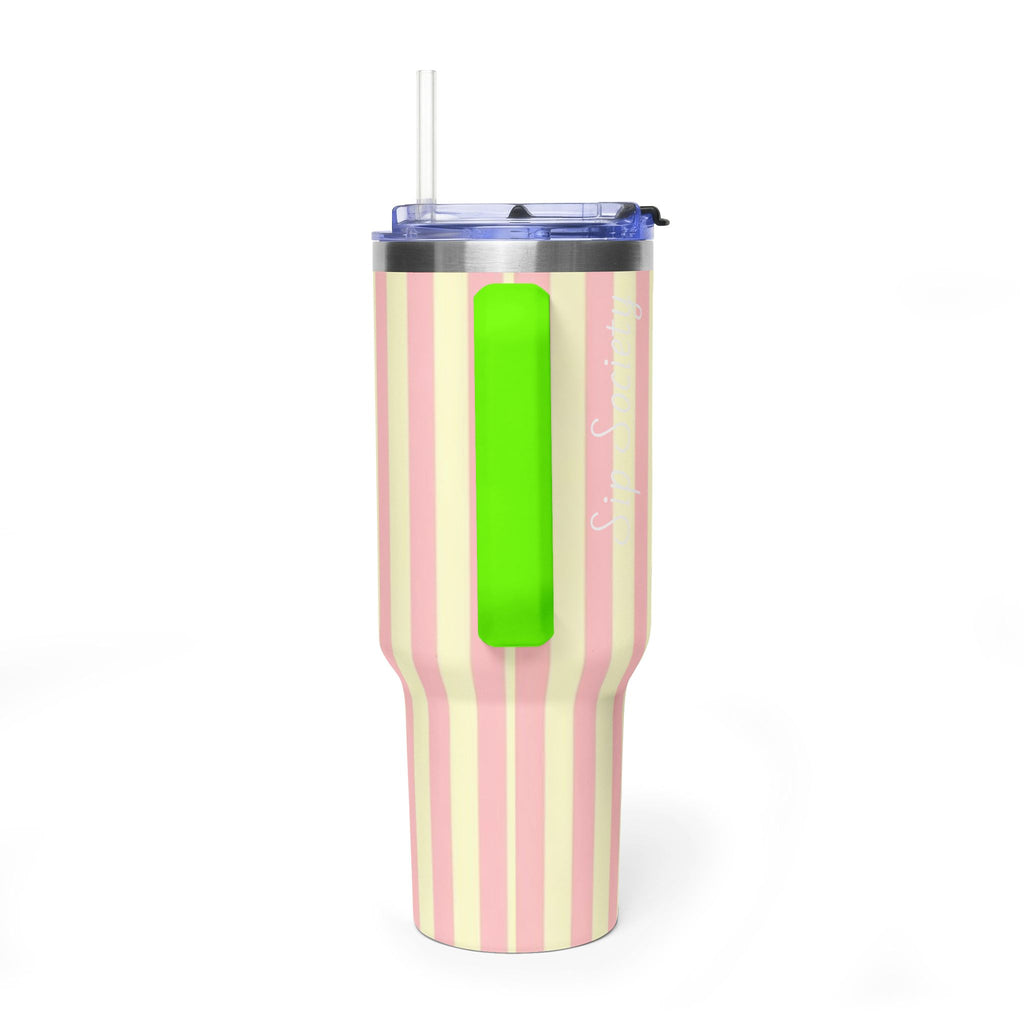 40oz Striped Pastel Travel Tumbler — Pink & Cream Thermal Cup with sip society script